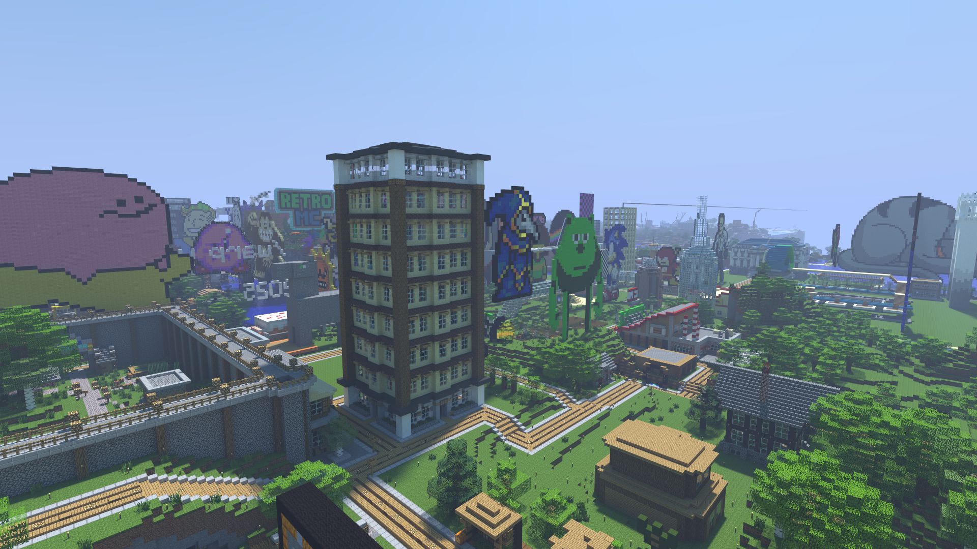 A tall apartment tower at RetroMC spawn, surrounded by trees, paths and pixel art